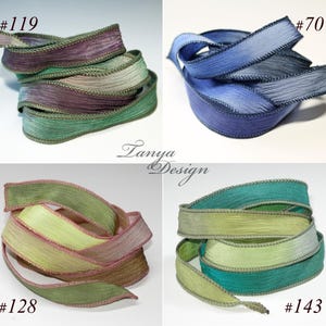 Handgefärbte Bänder aus reiner Seide in einer Länge von 104 - 106 cm. Crinkle Krepp Seidenband. Yoga Seide Handgelenk Wickelarmband. Dunkelgrün-Olive-Beige-Marineblaue Bänder.