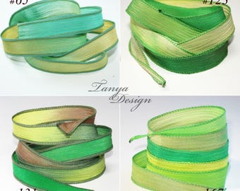 Hand-dyed crinkle crepe pure silk ribbons 39''-40'' long. Fabric wrist wrap bracelet green yellow colours.