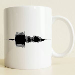 May include: White ceramic mug featuring a black sound wave graphic. The sound wave graphic is a visual representation of an audio recording.