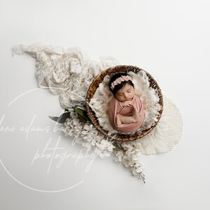 Newborn Painterly Digital Background / White Floral Digital Backdrop / Ivory floral Woodland Background / Basket with fluff / Girl Newborn