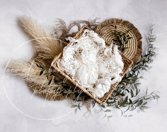 Sfondo digitale boho per neonati: cestino bianco, erba della pampa (file JPG)