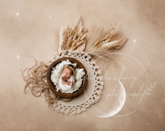 Sfondo digitale per neonato Boho Moon Stars: Pampas color crema (download digitale)