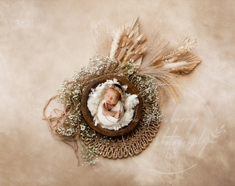 Sfondo digitale per neonato Boho color crema: nido, pampa, fiori (file JPG)