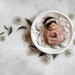 Newborn Painterly Digital Background / White Wildflower Digital Backdrop / Ivory floral Woodland Background / White bowl / Girl Newborn