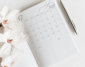 Calendario mensile stampabile 2026: planner verticale minimalista con note (download PDF)