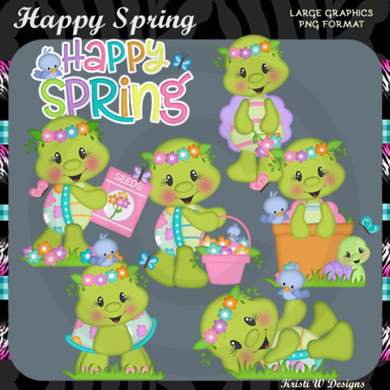 Happy Spring Commercial Use Digital Clipart Images Graphics Designs Garden Turtles Instant Download