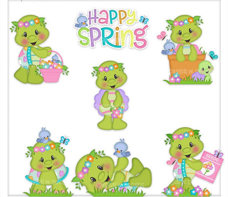 Happy Spring Commercial Use Digital Clipart Images Graphics Designs Garden Turtles Instant Download