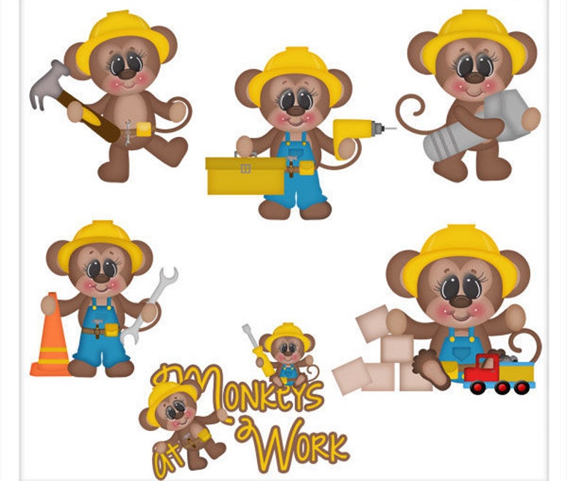 Monkeys At Work Construction Cute Monkey Clip Art Instant Etsy