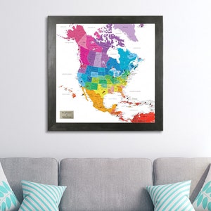 Personalized Colorful North America Travel Map with Pins - Framed Wall Map - Map of North America - Maps for Travelers - Retirement Gift Map