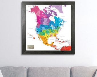 Personalized Colorful North America Travel Map with Pins - Framed Wall Map - Map of North America - Maps for Travelers - Retirement Gift Map