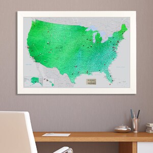 Personalized Enchanting Emerald Watercolor USA Push Pin Travel Map with Pins and Frame - 27.5&quot; x 39.5&quot; - Pinnable Travel Map - Home Decor