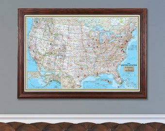 Personalized Classic US Travel Map - Framed and Ready to Hang - Travel Map - Detailed US Map - Large Framed Wall Map - Pins Included!