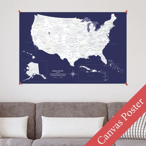 Canvas Map Poster Navy Explorers USA and Caribbean Travel Map Kit with 150 Pins - 24x36, 30x45, 36x54,44x66 - Push Pin Map - US Wall Map