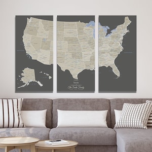 Large 3 Panel Personalized Canvas US Map - Earth Toned USA - Push Pin Travel Map with Pins - 36&quot; x 54&quot; - Large Canvas Wall Art