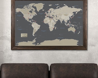 Personalized Earth Toned World Push Pin Travel Map - 27.5" x 39.5"- Push Pin Travel Map - World Map - Personalized Map - Home Decor