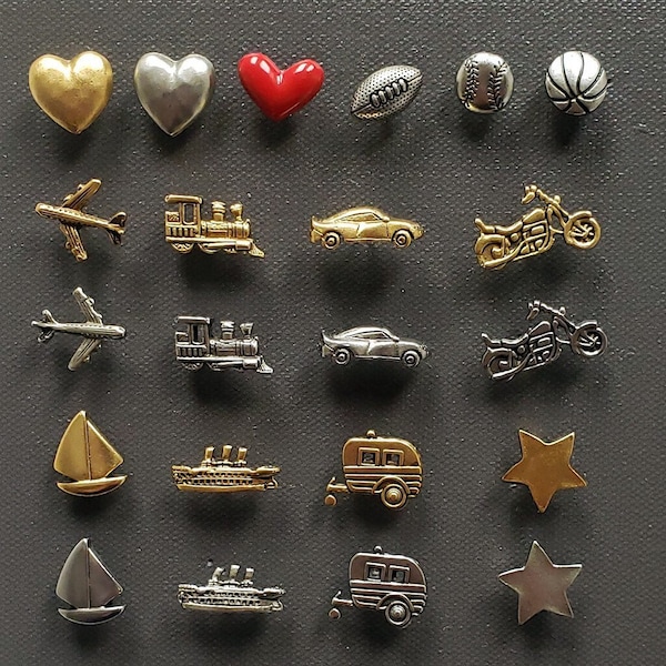 Handmade Push Pins - Set of 4 - Metal Pins - Hearts - Stars - Sports - Planes - Trains - Cars - Motorcycles - Boats - Football - Baseball