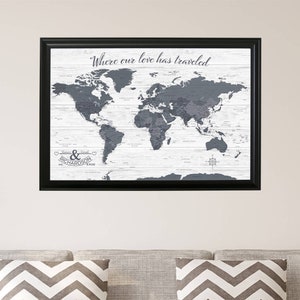 Gray Anniversary World Map - Personalized Canvas Push Pin Travel Map - Gray World Map for Couples - Anniversary Gift Idea -Wedding Gift Idea