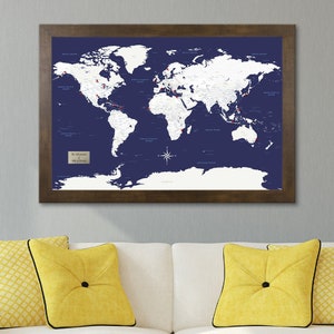 Personalized Navy Explorers World Push Pin Travel Map - 27.5&quot; x 39.5&quot;- Navy Push Pin Travel Map - Navy World Map - Personalized Map