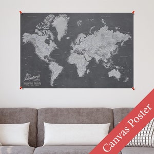 Canvas Map Poster Stormy Dreams World Travel Map with 150 Pins - 24x36, 30x45, 36x54, 44x66 - Push Pin Travel Map - Unframed Map Kit