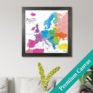 CANVAS Personalized Colorful Europe Travel Map - Push Pin Travel Map - Canvas Pin Map – Cotton Anniversary - Birthday Gifts - Travel Decor