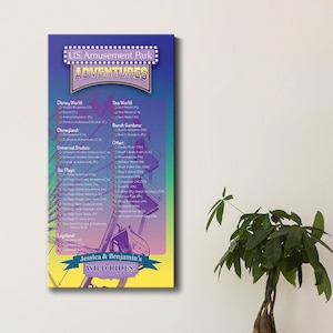 May include: A colorful poster titled "U.S. Amusement Park Adventures" lists various theme parks, including Disney World, Universal Studios, and Six Flags. The poster features a Ferris wheel graphic and the text "Jessica & Benjamin's WILD RIDES!"