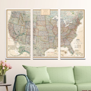 May include: A three-panel map of the United States, featuring detailed geographical features and a vintage aesthetic. The map is titled "National Geographic" and includes a legend and scale.