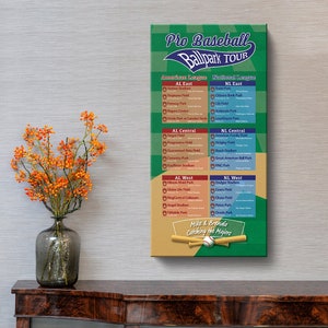 May include: A green and brown illustrated poster with the title "Pro Baseball Ballpark Tour". The poster lists Major League Baseball teams and their stadiums in the American and National Leagues. The poster includes a baseball and bats.