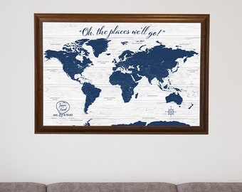 Dark Blue Anniversary World Map - Personalized Canvas Push Pin Travel Map - Blue World Map for Couples - Anniversary Gift - Wedding Gift