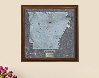 Personalized Slate Arkansas State Push Pin Travel Map with Pins and Frame - Push Pin Travel Map - US State Maps - Map of Arkansas - Wall Map