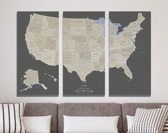 Large 3 Panel Personalized Canvas US Map - Earth Toned USA - Push Pin Travel Map with Pins - 36" x 54" - Large Canvas Wall Art