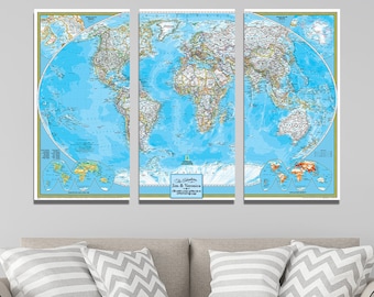 Large 3 Panel Personalized Canvas Map - Classic World Travel Map with Pins - 36" x 54" - Contemporary - Interactive Modern Wall Art