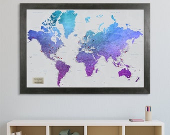 Personalized Vibrant Violet Watercolor World Travel Map - Map with Pins - First Anniversary Gift - Paper Anniversary - Pin Your Travels