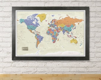 Personalized Tan Oceans World Travel Map with Frame - Pushpin Map of the World - Wanderlust Travel Map - Pinboard World Map