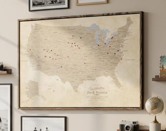 Personalized Canvas Vintage USA Push Pin Map – United States Travel Tracker with Pins