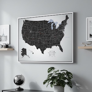 May include: A modern living room with a gray color scheme. A large framed black and white map of the United States hangs on the wall. Two framed pictures of the Eiffel Tower are on floating shelves. A black metal console table holds a globe and a potted plant.