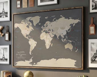 Earth Tone Push Pin World Map on Canvas | Neutral Travel Tracker Map Wall Art