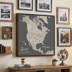 Personalized North America Travel Map with Pins – Earth Tones, Framed Canvas Pinboard