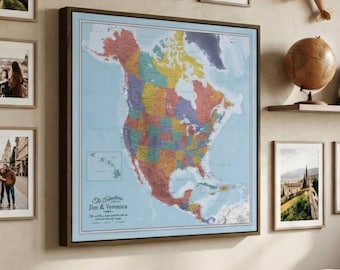 Personalized North America Push Pin Map Canvas | Blue Ocean Travel Tracker Wall Art