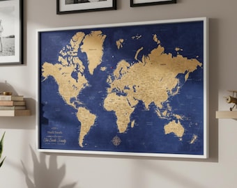 Gold and Navy Push Pin World Map Canvas | Personalized Travel Tracker Wall Art