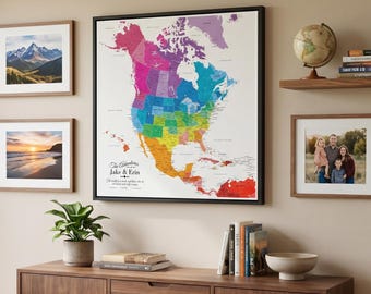 Colorful North America Travel Map with Pins | Personalized Canvas Pinboard Map of USA, Canada, Mexico