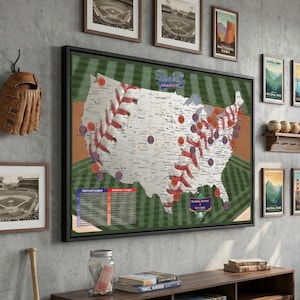 MLB Ballpark Push Pin Map | Personalized Baseball Stadium Travel Tracker Map | Canvas Wall Art