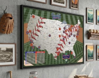MLB Ballpark Push Pin Map | Personalized Baseball Stadium Travel Tracker Map | Canvas Wall Art