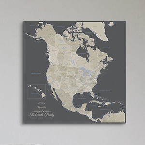 GALLERY WRAPPED Personalized Earth Toned North America Map - 24"x 24" Square - Push Pin Travel Map - Canvas Pin Map - Housewarming Gift