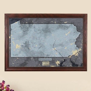 Slate Pennsylvania State Travel Map - Personalized Pennsylvania Map - PA State Push Pin Map - Gray PA Pin Map - Pennsylvania Pinboard Map