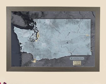 Slate Washington State Travel Map - Personalized Washington Map - WA State Push Pin Map - Gray Washington Pin Map - Washington Pinboard Map