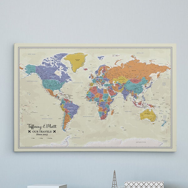 GALLERY WRAPPED Personalized Map - Tan Oceans World Canvas Map - 24" x 36"or 30" x 45" Canvas Travel Map - World Map - Anniversary Gift!