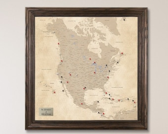 Personalized Vintage North America Travelers Map with Pins - Framed Travel Map - Map of North America - Maps for Travelers - Wall Maps