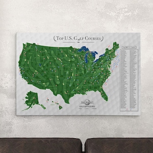 GALLERY WRAPPED Personalized Top US Golf Courses Map on Canvas - 24&quot; x 36&quot; or 30&quot; x 45&quot;  Pinnable Golf Course List - Map of 200 Golf Courses