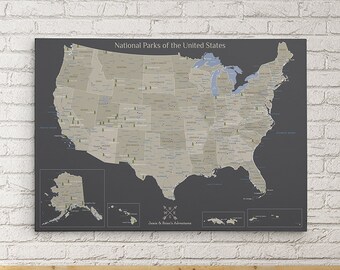 GALLERY WRAPPED Personalized Canvas Earth Toned National Parks of the USA Map - With Pins - Extra Large Size! - United States Map with Pins