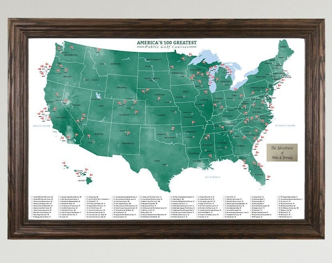 Personalized Public US Golf Courses Tracking Map - Top 100 PUBLIC Golf Courses in America - Track Where You've Played! - Gift For Dad!